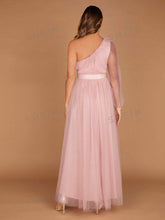 1pc One Shoulder Lantern Sleeve Mesh Overlay Maxi Bridesmaid Dress